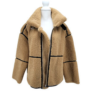 Elan Faux Shearling‎ Teddy Moto Jacket Size M Tan Sherpa Zip Oversized